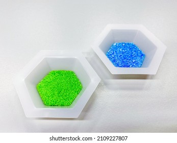Two Weighting Boats With Nickel Chloride And Copper Sulphate.
