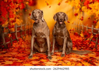 Two Weimaraner sitting on a path covered in fall leaves with a warm, vibrant autumn background.