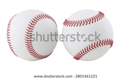 Two white baseballs with red stitching seams side by side