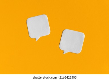 Two White Blank Stickers On Yellow Paper Background. Back To School, Office Supplies, Stationery Mockup Minimalistic Concept. Empty Paper Notes Template For Your Logo, Message