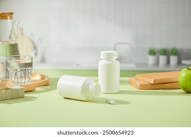 Two white bottles without label displayed on green table with wooden tray, cutting board and glass cup. Behind is kitchen background. Front view