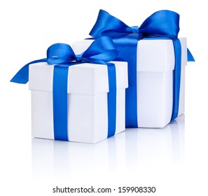 Two White boxs tied with a blue satin ribbon bow Isolated on white background
