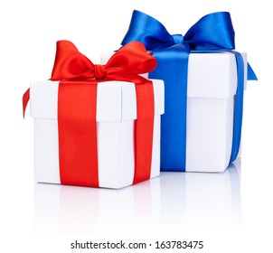 Two White boxs tied with Red and Blue satin ribbon bow Isolated on white background