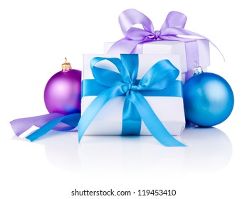Two White boxs tied with a satin ribbon bow, Purple and blue Christmas balls Isolated on white background