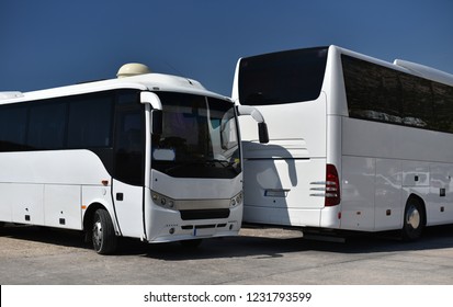 Two White Buses, Middle City Bus And Big Tourist Coach