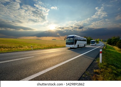 Two white buses traveling on the asphalt road in rural landscape at sunset with dramatic clouds                               
