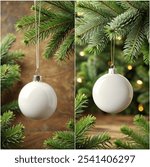 Two white Christmas ornaments hanging from a tree. The first ornament is larger and the second is smaller