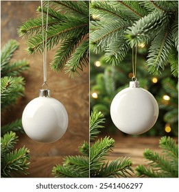 Two white Christmas ornaments hanging from a tree. The first ornament is larger and the second is smaller - Powered by Shutterstock