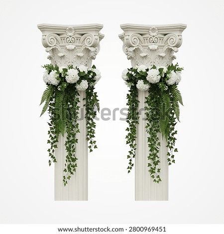 Two white classical pillars decorated with white hydrangeas and green ferns