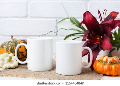 Two White Coffee  Mug Mockup With Thanksgiving Fall Orange Pumpkin And Red Lily.  Empty Mug Mock Up For Design Promotion.   