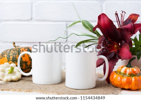 Two white coffee  mug mockup with Thanksgiving fall orange pumpkin and red lily.  Empty mug mock up for design promotion.   