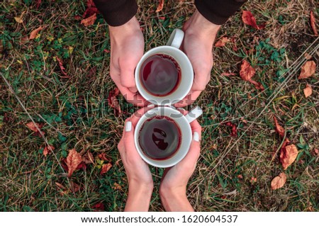 Two white cups mugs with hot tea in hand touch each other on a background of grass and fallen leaves, a love story in autumn