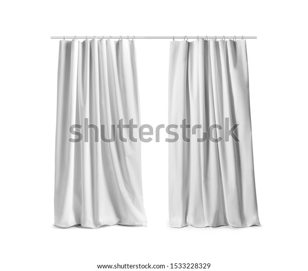 Two white curtains\
hanging on the rail Isolated on a white background, front view.\
Photo ready for mock up.