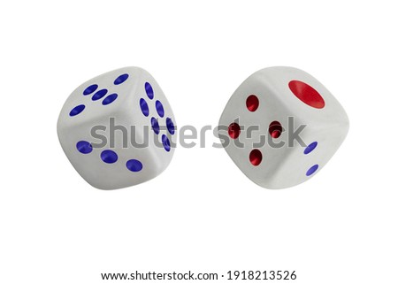 Two white dices isolated on white. Three, five, six and one, two, four.