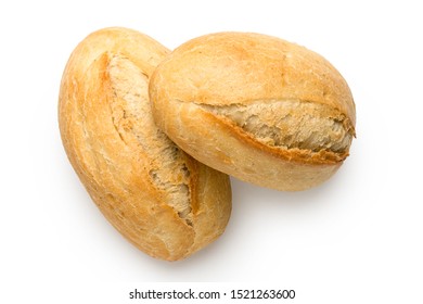 Two White French Bread Rolls Isolated On White From Above. Top View.