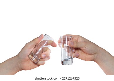 Two White Hands Toasting With Empty Double Shot Glasses On A White Background