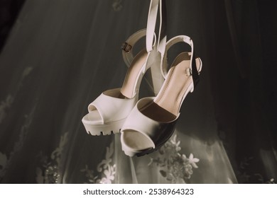 Two white high heels are hanging from a curtain. The shoes are on display, possibly for a wedding or other special occasion. The image has a romantic and elegant mood - Powered by Shutterstock