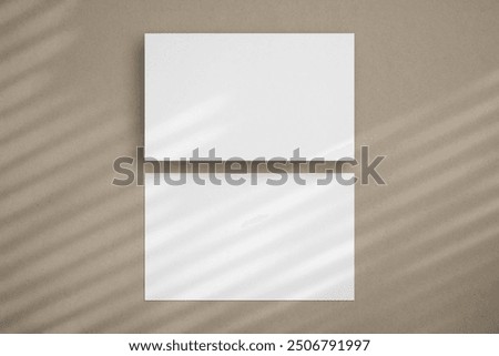 Two white horizontal paper sheets mockup, US Legal flyer mockup, paper, letter, invitation card. on a beige background with a shadow overlay.