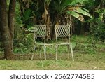 two white iron chairs in the middle of the forest with no people around