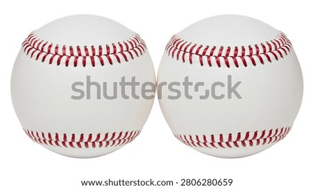Two white leather baseballs with red stitching side by side