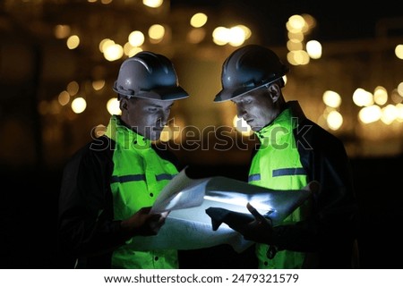 Two white man Electrical Engineers Discussing a laptop, light screen plan, and  Digital Tablet While Standing At a Dark Power Station During the Night