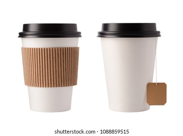 Two White Paper Cup With Black Top And Label For Coffee And Tea. Isolated On White Background.