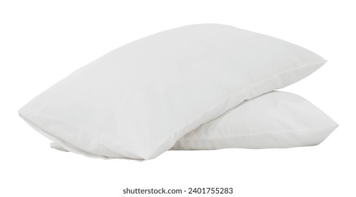 Two white pillows with cases in stack after guest's use in hotel or resort room are isolated on white background with clipping path.