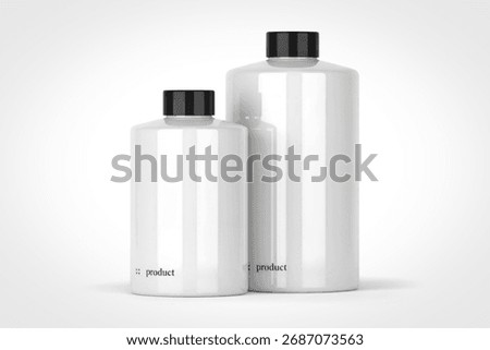 Two white plastic bottles of different sizes with black screw-on caps are presented against a clean white background.