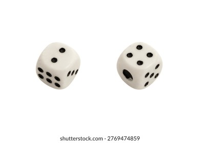 Two white plastic dice isolated on a clear background. Gambler gambling equipment for casino game and board play. Luck concept with chance outcome and entertainment accessory for gambling.