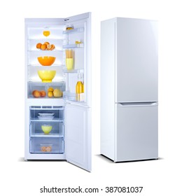 Two White Refrigerators With Open Doors, Fridge Freezers Isolated On White