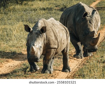 Two white rhinoceroses walking along a dirt path in African savanna. Wildlife photography capturing large mammals in their natural habitat - Powered by Shutterstock