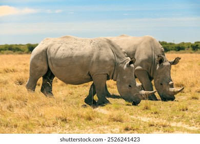 Two white rhinos graze on the golden grasslands during a sunny day in Botswana's safari wilderness - Powered by Shutterstock