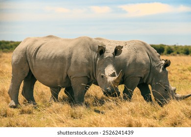 Two white rhinos grazing peacefully in the sun-drenched grasslands of Botswana during a thrilling safari adventure - Powered by Shutterstock