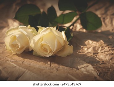 Two White Roses On Crumpled Brown Paper Image - Powered by Shutterstock