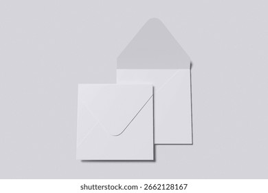 Two white square envelope open and close with grey background for mockup template