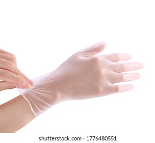 Two white surgical medical gloves isolated on white background with hands. Rubber glove manufacturing, human hand is wearing a latex glove. Doctor or nurse putting on nitrile protective gloves