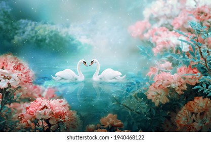 Two white swans couple swimming in lake, fantasy magical enchanted fairy tale landscape with elegant birds in love, fairytale blooming pink rose flower garden on mysterious blue background in night - Shutterstock ID 1940468122