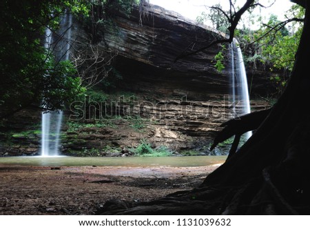 two white waterfalls flowing down a cliff in the background in a green jungle with a black tree on the right side of the frame and a small lake in the center in Ghana Africa