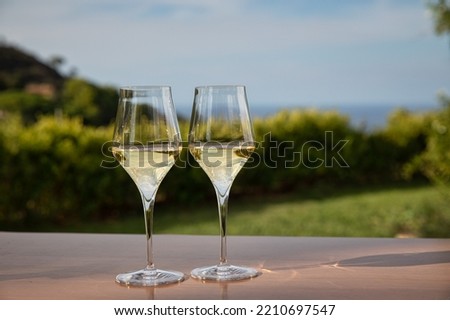 Two white wine glasses on mountain landscape background