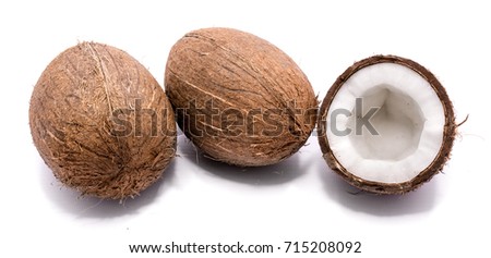 Similar – Image, Stock Photo Two whole coconuts on light background with tropical leaves and flowers, top view, frame. Copy space for your design: product or text. Vegan lifestyle concept. Coconut benefits