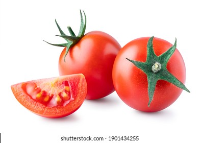 Two Whole And Cut Wedge Of Fresh, Red Tomato Isolated On White Background. Clipping Path.