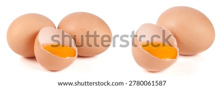 two whole eggs and broken egg isolated on white background