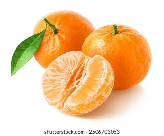 Two whole and half of peeled tangerine, mandarin or clementine isolated on white background