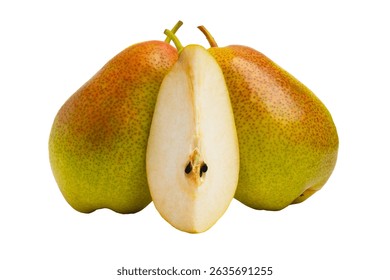 Two whole pears and one pear half, front view,  isolated on white background.