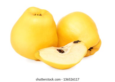 Two Whole And A Piece Of Quince Isolated On White Background