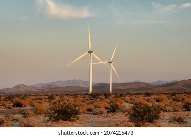 Two windmills in California landscape near Ocotillo. 