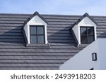 Two windows on a roof with a blue sky in the background. The roof is made of metal and has a slanted design