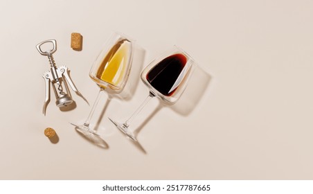 Two wine glasses alongside a corkscrew and several corks, all arranged on a bright background. The hard light creates sharp shadows, adding a dramatic effect to the scene, emphasizing the shapes - Powered by Shutterstock