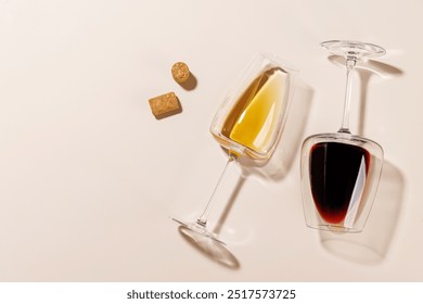 Two wine glasses alongside several corks, all arranged on a bright background. The hard light creates sharp shadows, adding a dramatic effect to the scene, emphasizing the shapes - Powered by Shutterstock