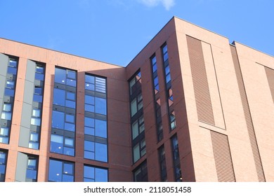Two wings of a brick cladded Student apartment block, UK.